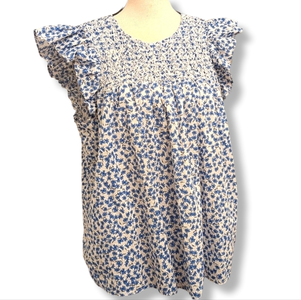 J. Crew White and Blue Floral Blouse